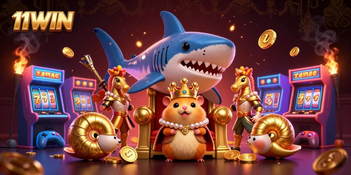 11WIN showcases a vibrant, colorful casino scene with a fierce golden hamster king among arcade games, embodying the thrill of online gambling.