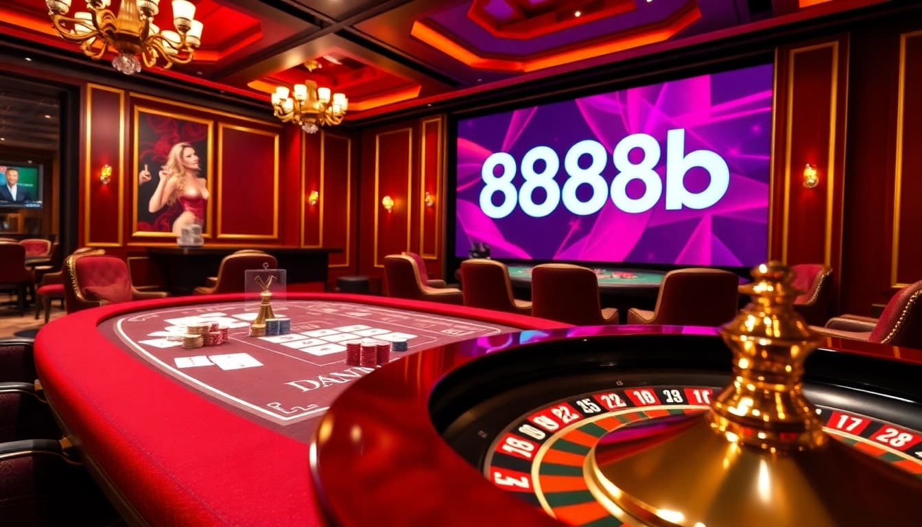 Exciting casino scene with cards and chips showing the keyword 888b in a luxurious setting.