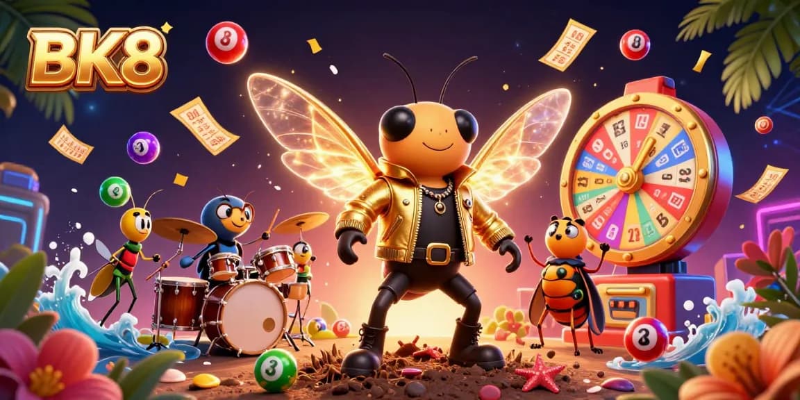 Experience BK8's vibrant online gaming world through this dynamic 3D scene with colorful lottery elements and a lively atmosphere.