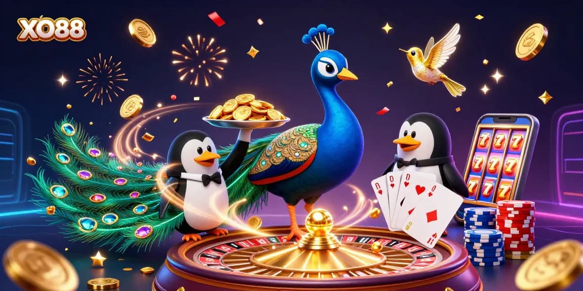 Experience thrilling excitement at XO88, with colorful chips, cards, and casino elements buzzing around.