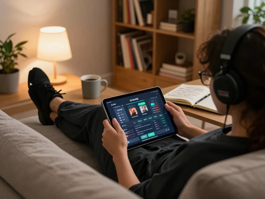 Player using SC88 tablet for online gaming in a cozy living room atmosphere, maximizing comfort and strategy