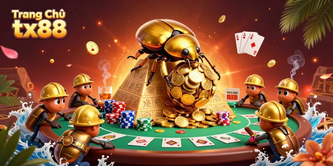 Experience the excitement of gaming with Trang Chủ tx88 featuring a golden beetle and poker elements.