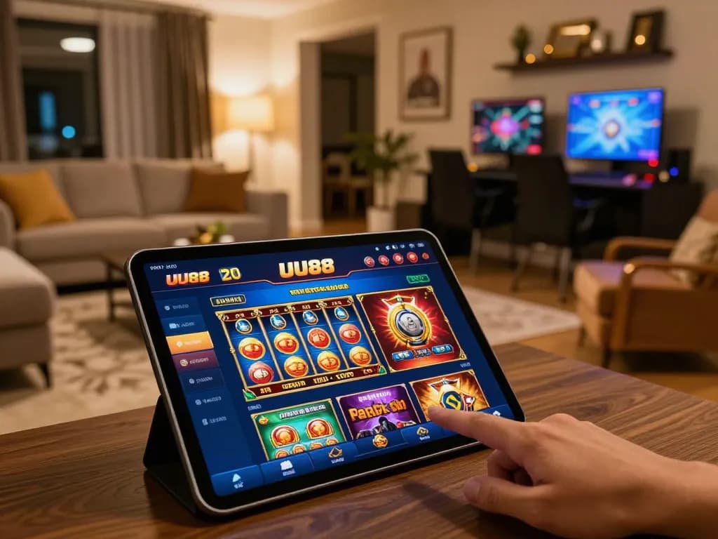 Engaging gameplay on trang chủ uu88 with tablet showcasing poker games in a cozy home environment.