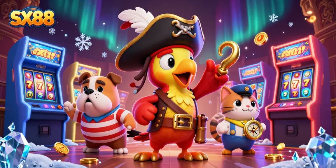 SX88 pirates captain leading a vibrant casino gaming scene filled with slots and arcade machines.
