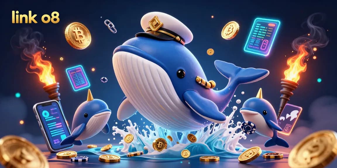 Exciting slot gaming experience with link o8 featuring a cartoon whale with golden epaulettes amidst shimmering coins.