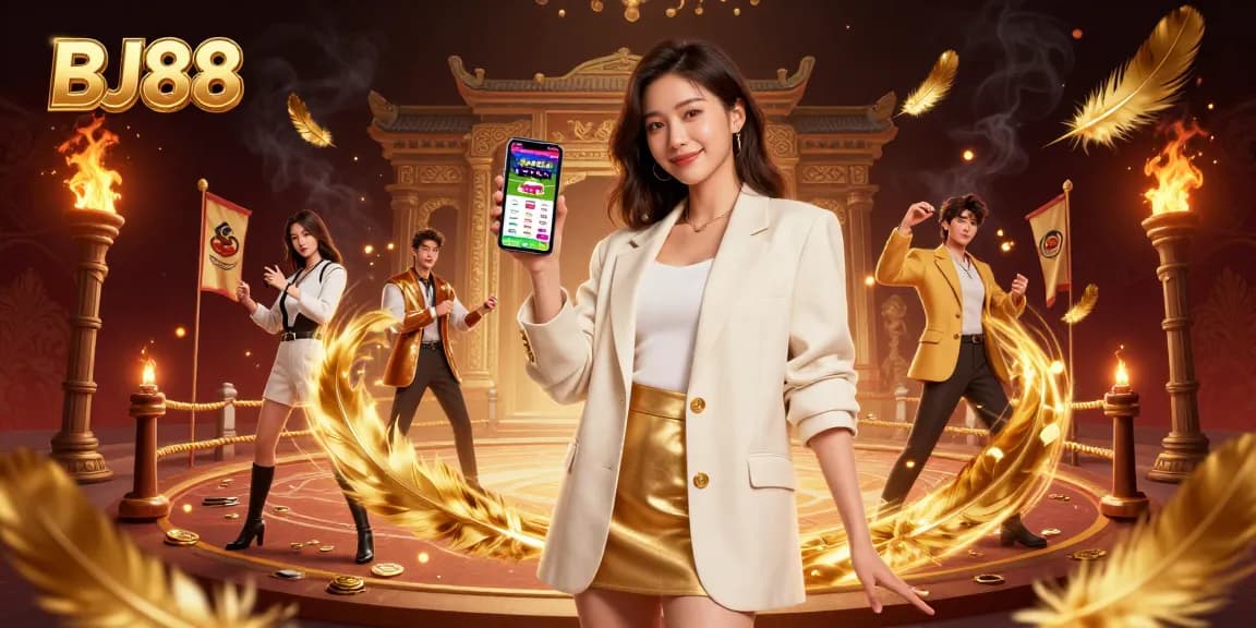 BJ88 sports betting illustration featuring an Asian woman with a smartphone, surrounded by dynamic casino elements.