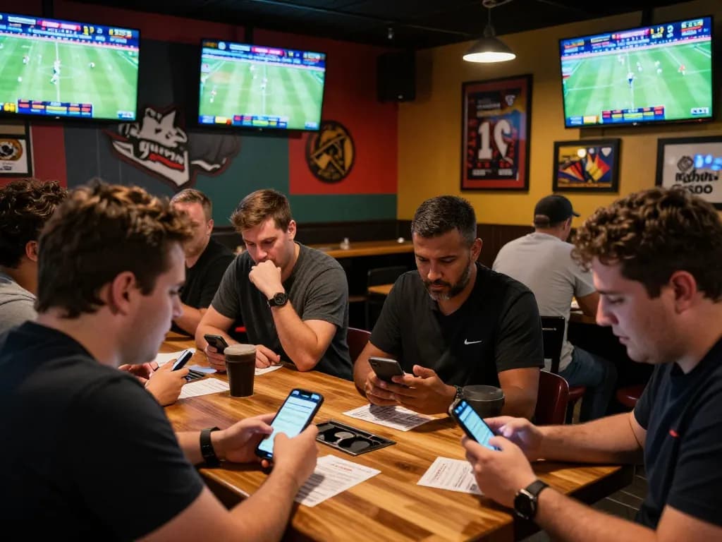 Excited patrons engaging in sports betting at a lively bar while discussing strategies and tracking TX88 odds.