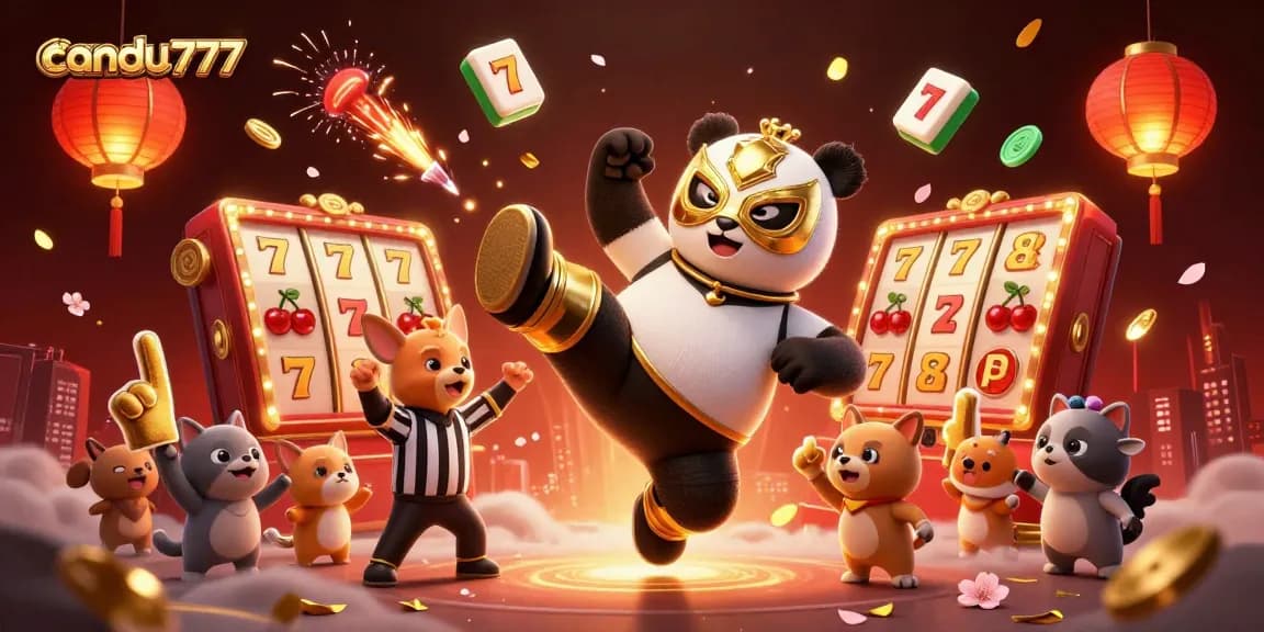 Candu777 showcases an energetic slot gaming scene with a wrestling panda and excited animal spectators.