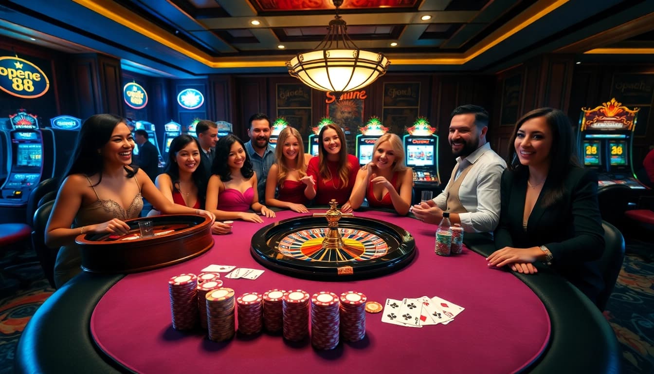 A vibrant scene at an open88 casino featuring players at a poker table with chips and cards.