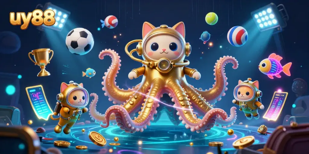Experience the thrill of uy88 with a vibrant underwater casino scene featuring a kraken, sports elements, and more.