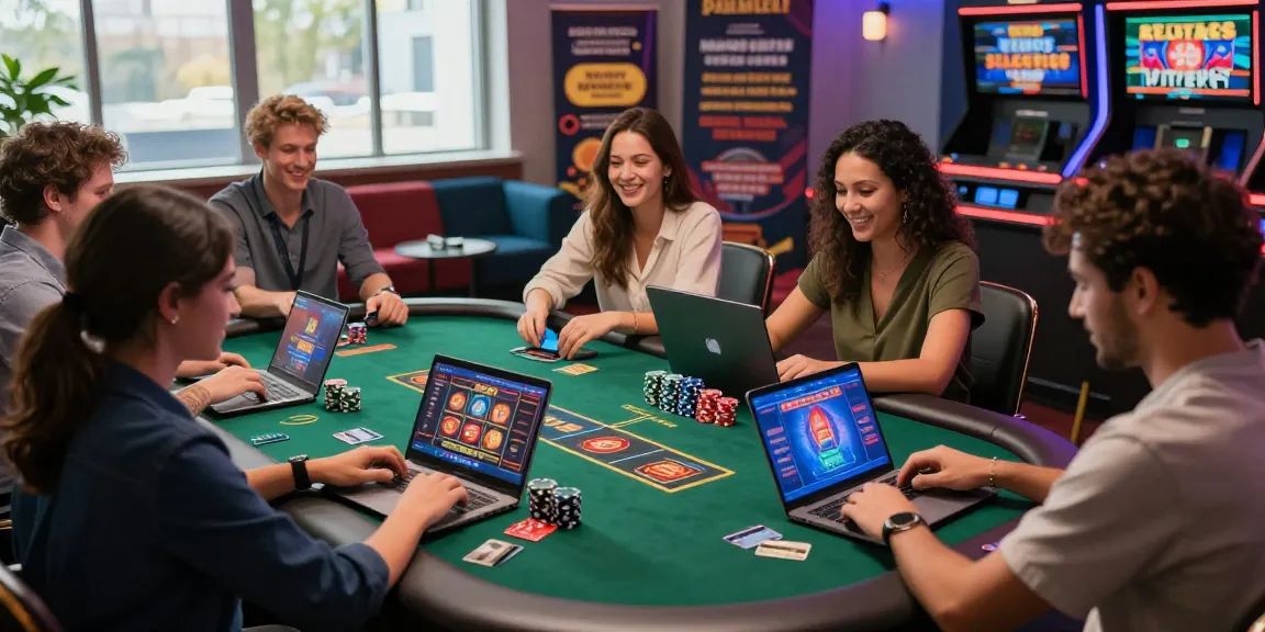 Engaging players enjoying credit card casinos at https://troyuk.co.uk, showcasing a vibrant casino atmosphere with diverse games, chips, and promotional banners.