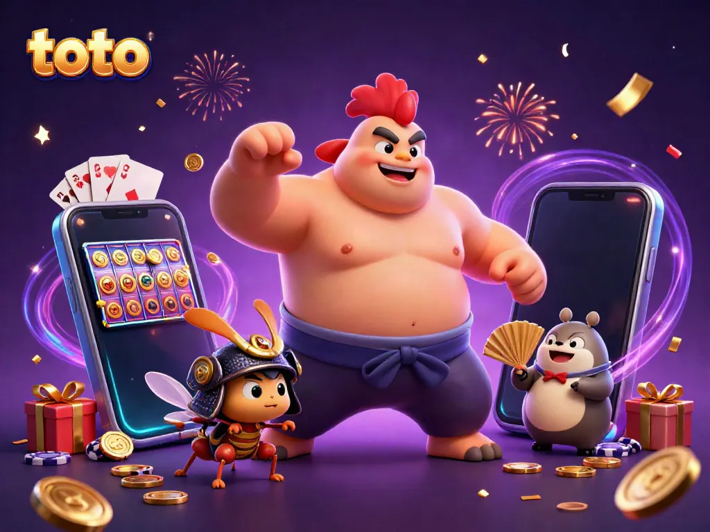 Experience an exciting toto gaming scene with a powerful sumo wrestler, samurai cricket, and tanuki announcer.