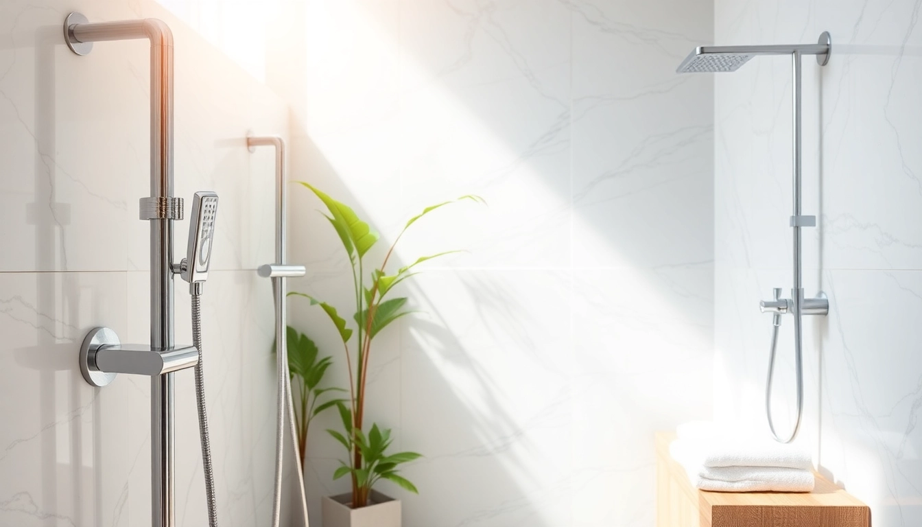 Transform your bathing experience with elegant showers in a luxurious setting featuring sleek fixtures and natural sunlight.