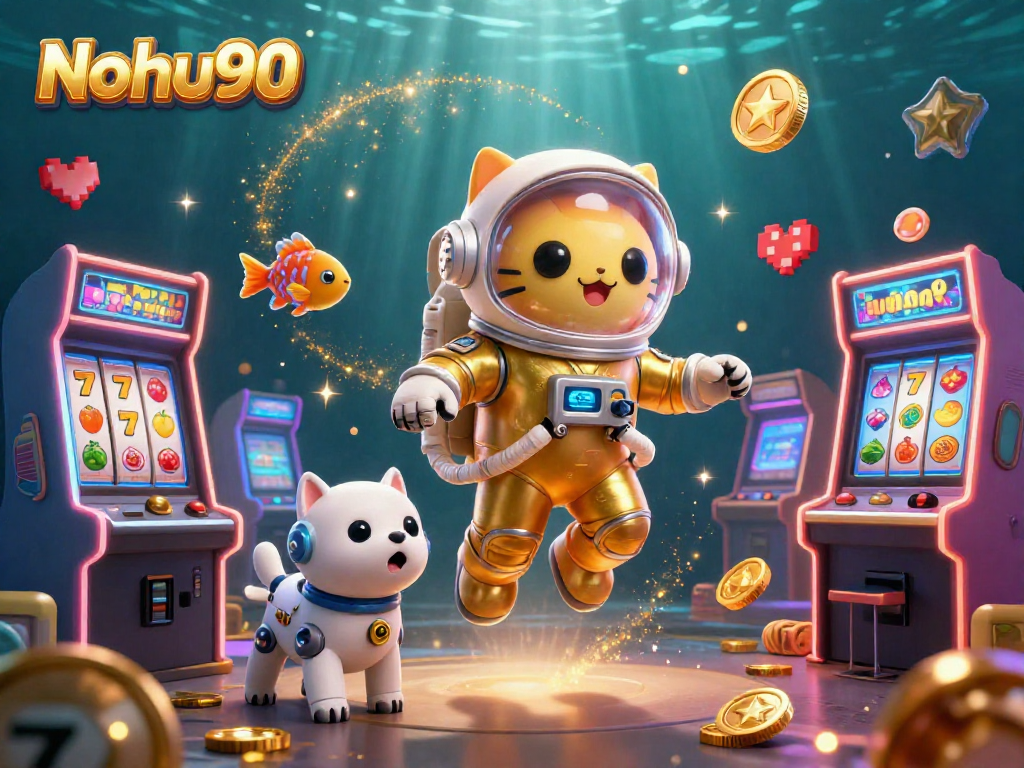 Nohu90 showcases slots in a vibrant 3D scene with a golden astronaut cat and colorful gaming elements, merging fun and gaming adventure.