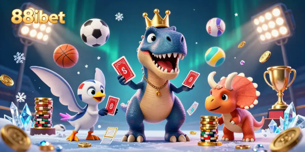 Engaging casino scene with T-Rex, pterodactyl, and triceratops at 88ibet, surrounded by dynamic sports betting elements.