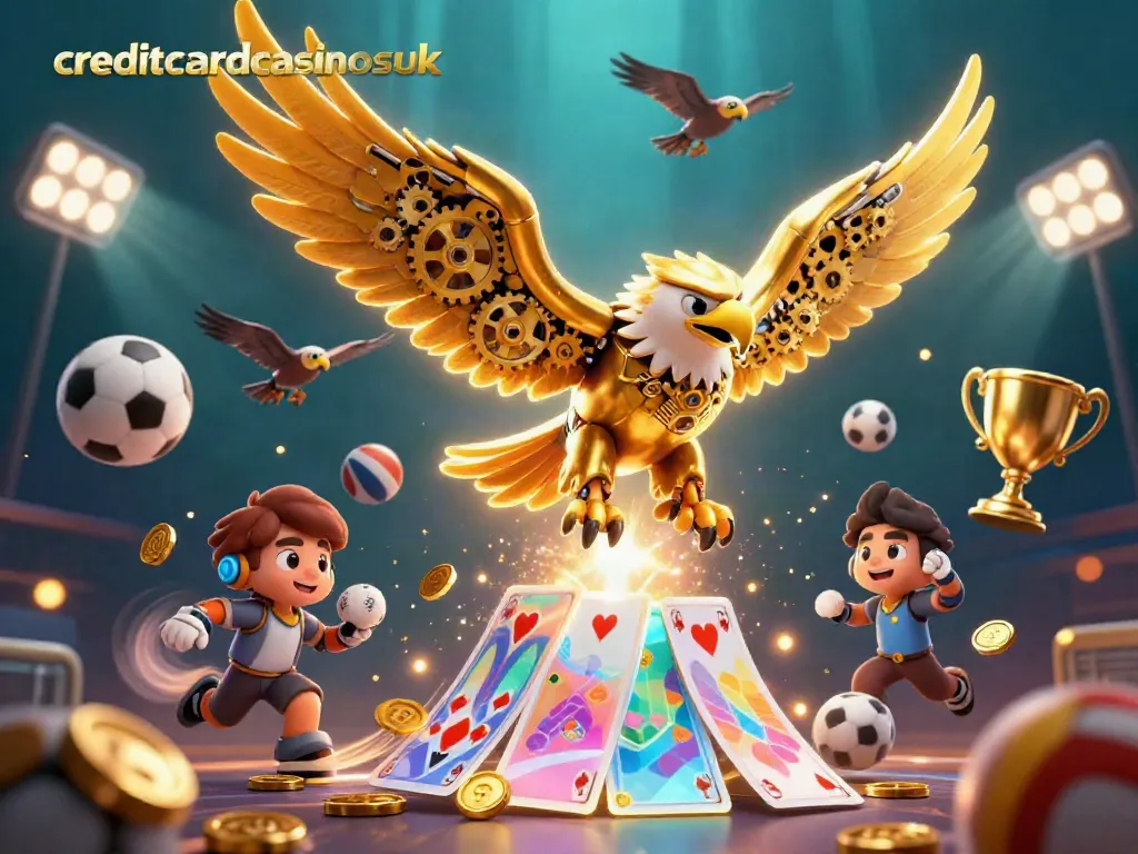 Play with excitement at creditcardcasinosuk as a golden eagle dives through holographic cards amidst vibrant sports elements