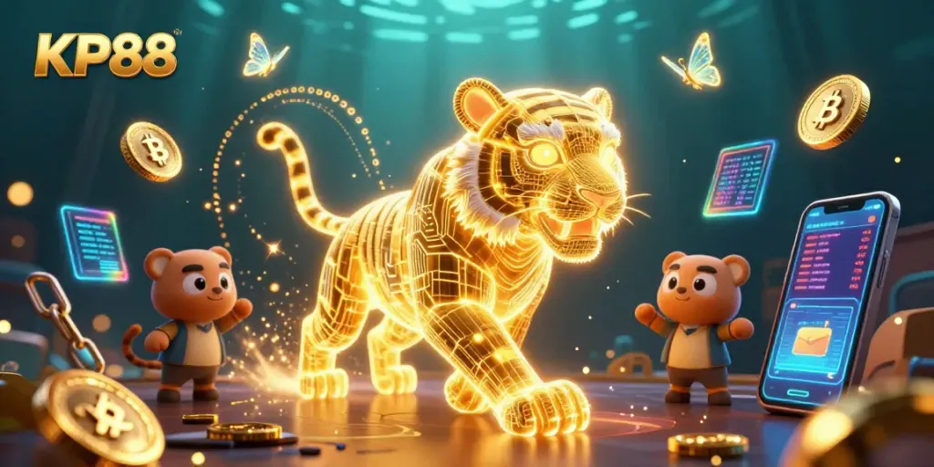 Experience KP88's thrilling atmosphere with a neon golden tiger and digital casino elements.