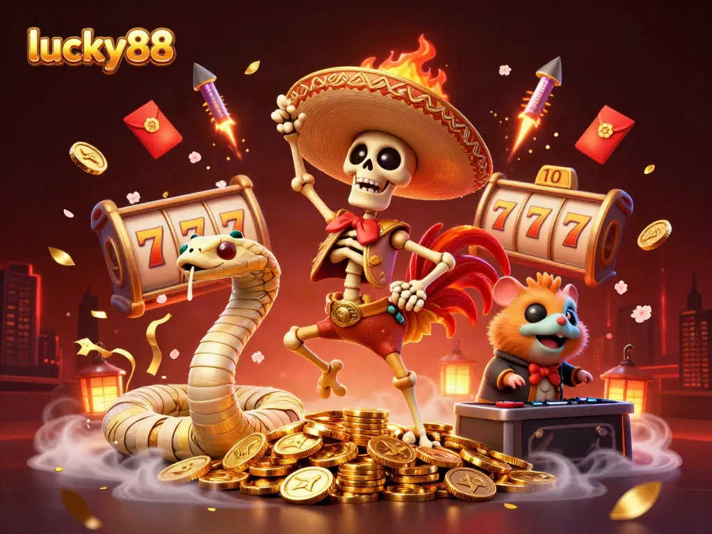 Experience the thrill of lucky88 with vibrant characters celebrating on a mountain of gold coins.