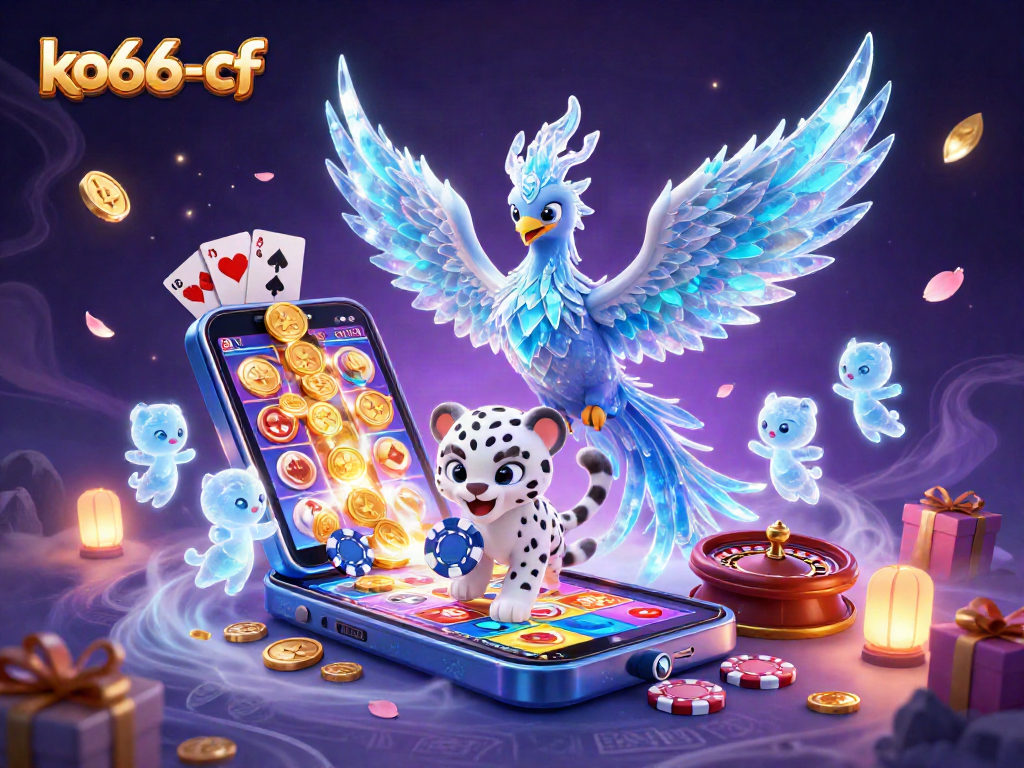 Engage with the thrilling world of ko66-cf, featuring an ice phoenix, poker chips, and lively casino elements.