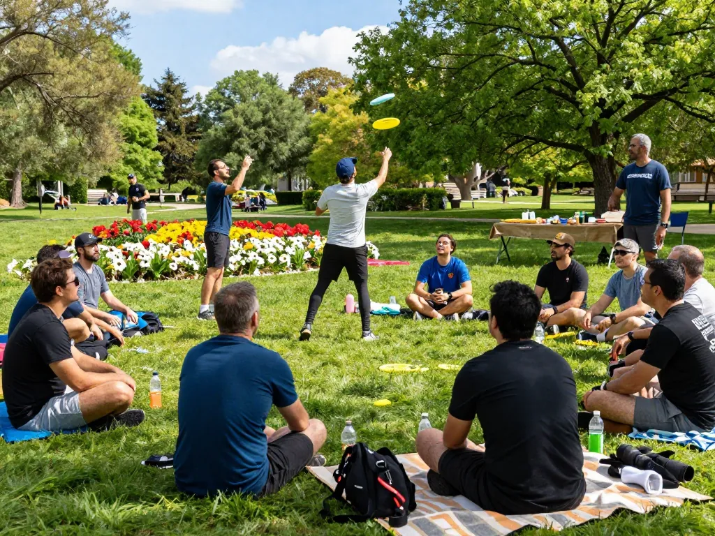 Men at a manclub gathering sharing stories and enjoying activities in a park