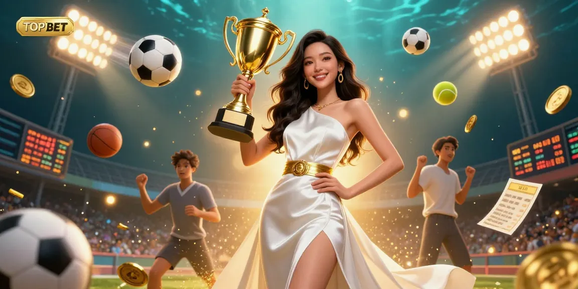 Engage in winning strategies at TOPBET with a victorious figure holding a trophy amidst dynamic sports betting elements.