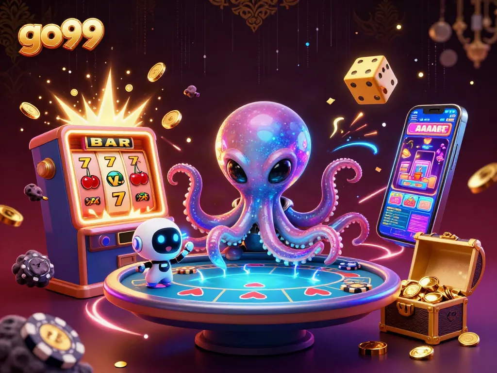 Experience thrilling action with go99 at a holographic poker table surrounded by vibrant slot machine effects.