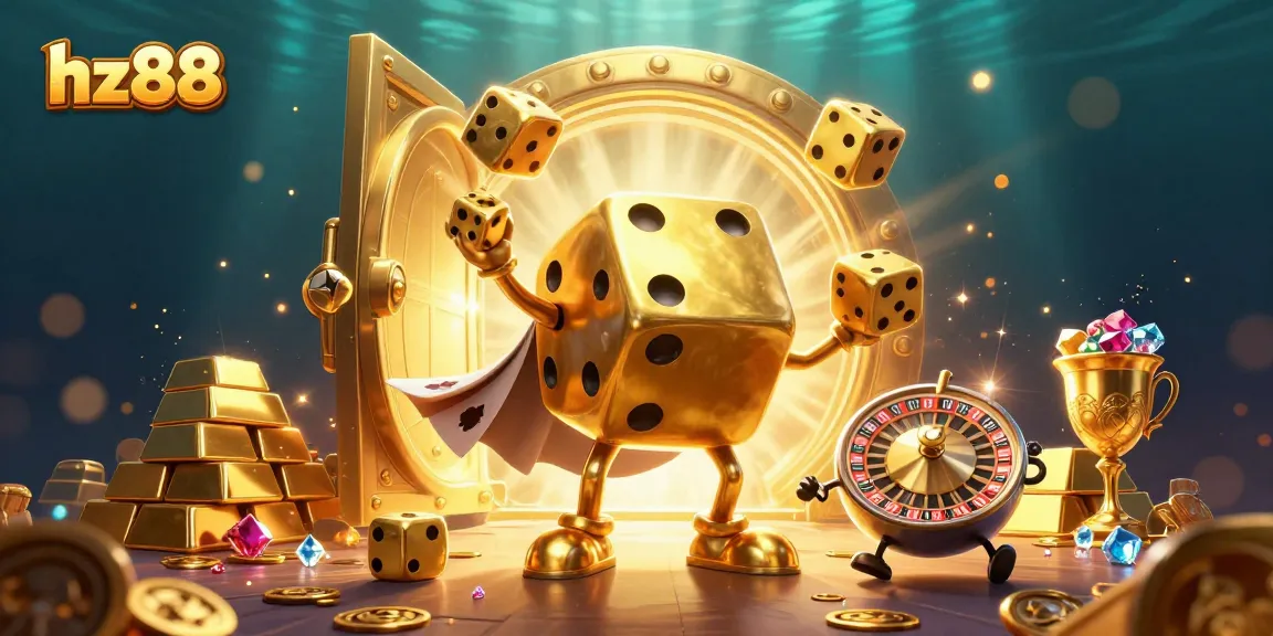 Experience thrilling casino fun with hz88 in a vibrant 3D illustration featuring golden dice and treasures.
