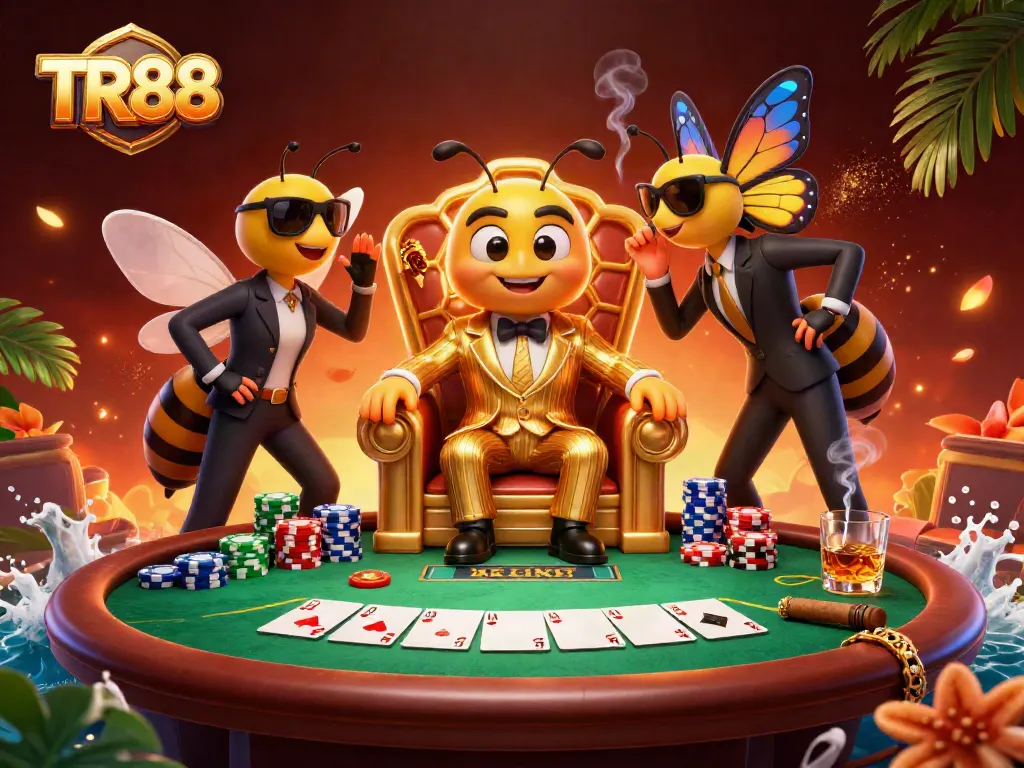 Engage with TR88 at a lively poker table filled with colorful chips and a royal flush hand.