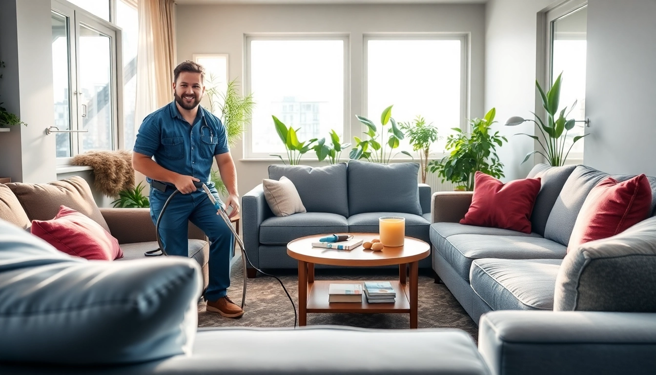 Expert upholstery cleaning in Glasgow showcases a technician revitalizing a sofa in a bright, modern home.