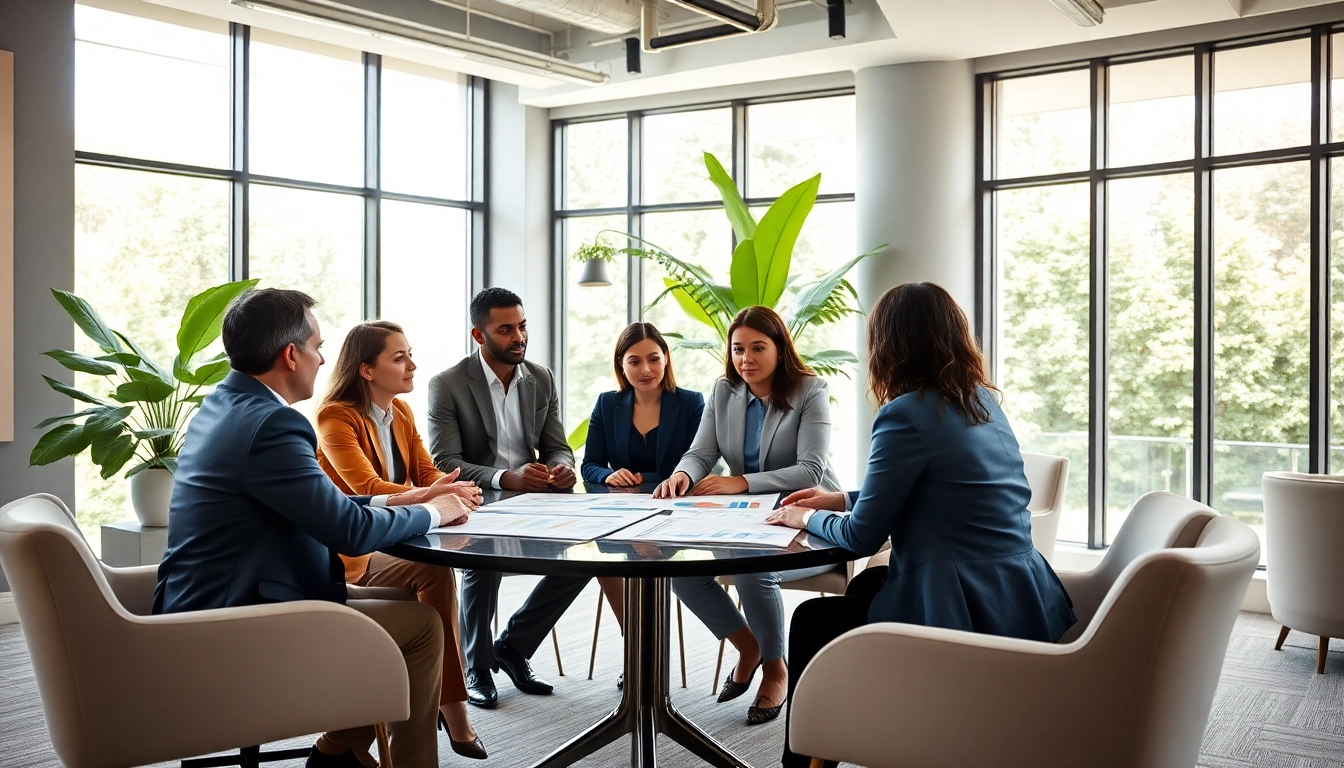 Consultants discussing grants strategies in a modern office environment.