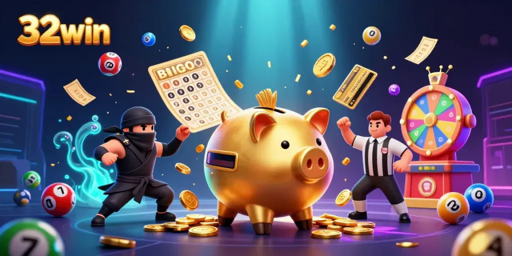 Experience the excitement of 32win with vibrant casino elements and characters in a thrilling scene.