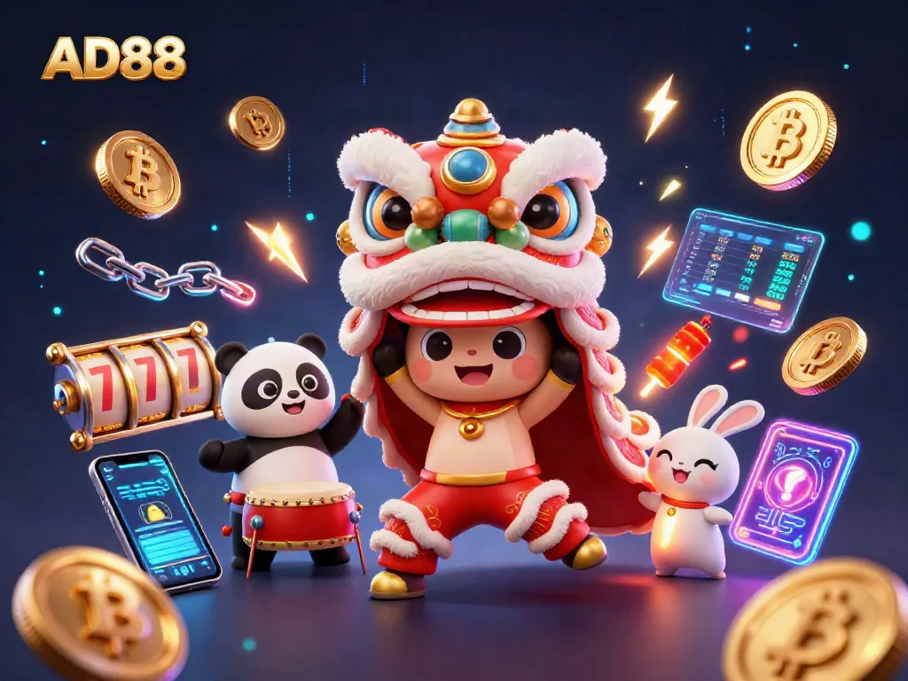 Experience the thrill of AD88 with a vibrant 3D casino scene featuring a lion dance, crypto elements, and slot symbols.