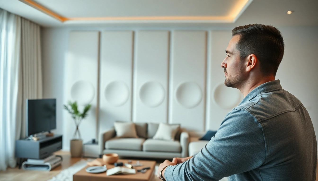 Enhancing soundproofing installation with a skilled technician in a well-lit modern living room.