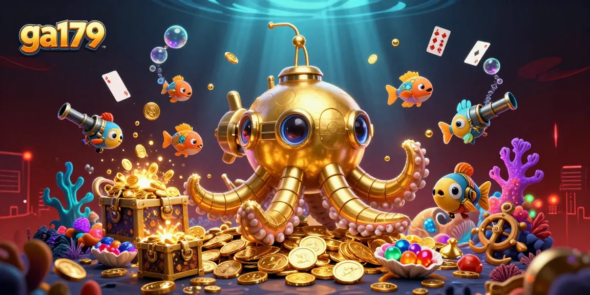 Engage with ga179's thrilling casino experience alongside a golden kraken submarine emerging from coins.