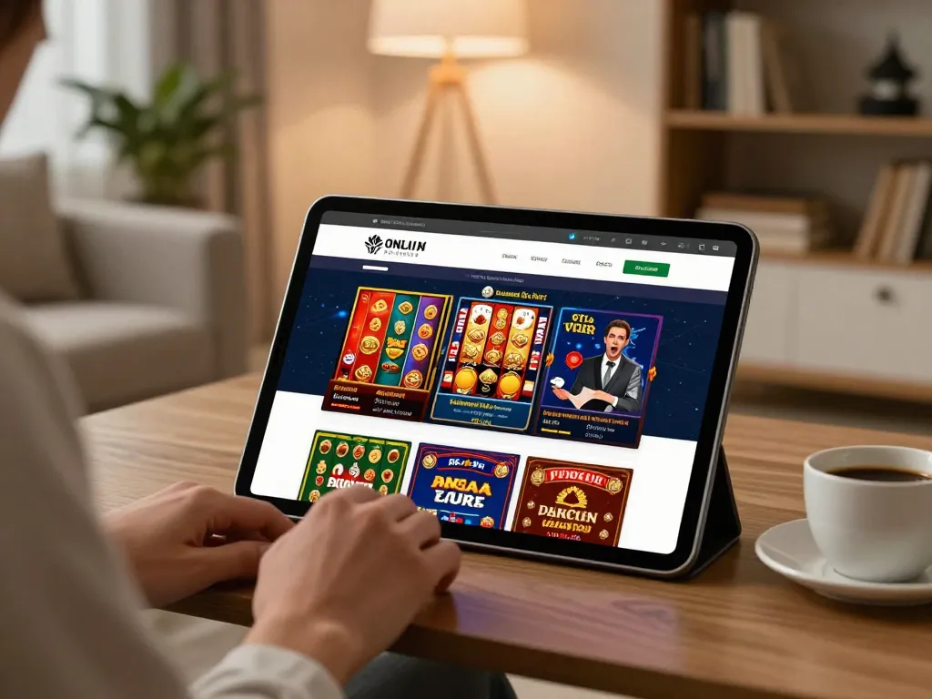 Playing games on rikvip app in a cozy living room with tablet display, showcasing responsible online gambling