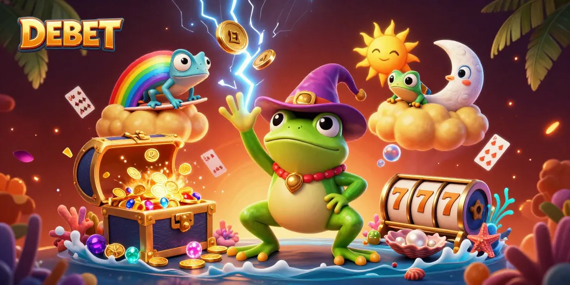 Experience the thrill of DEBET as a wizard frog conjures coins alongside a jackpot chameleon in vibrant 3D.
