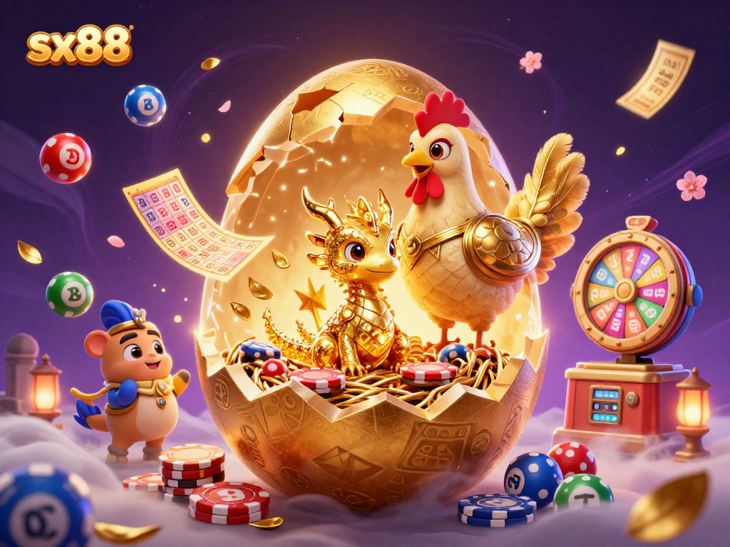 Experience thrilling gaming action with sx88's vibrant 3D illustration, showcasing casino excitement and golden rewards.