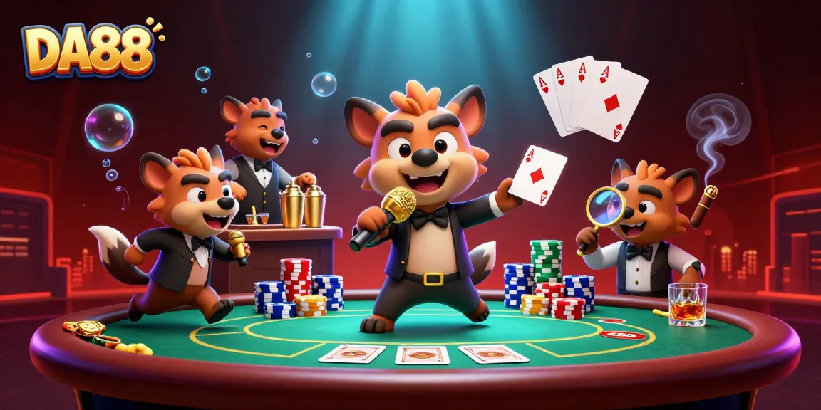 Experience DA88's dynamic comedy casino scene with hyenas, poker elements, and vibrant glow effects.
