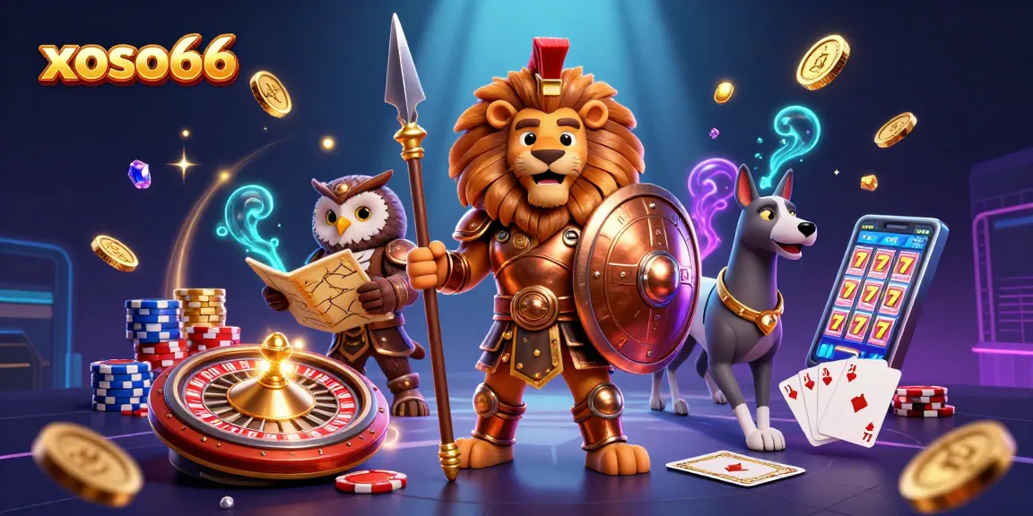 Spin and win with xoso66 as a Spartan lion leads the treasure-filled casino adventure.