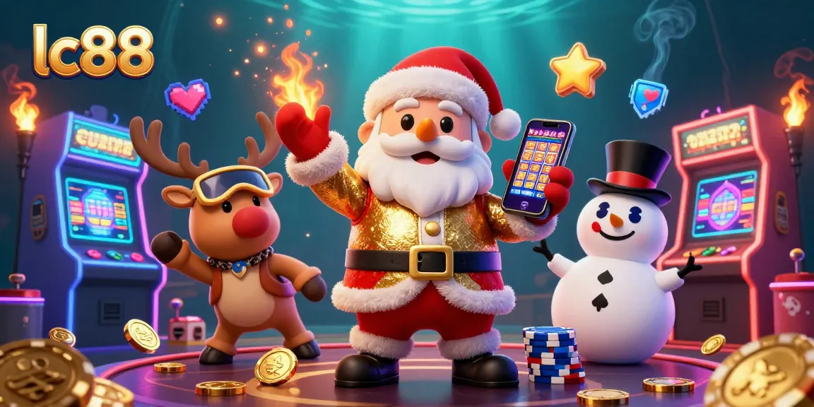Experience jackpot spins with lc88 at a vibrant casino scene featuring Santa and friends!