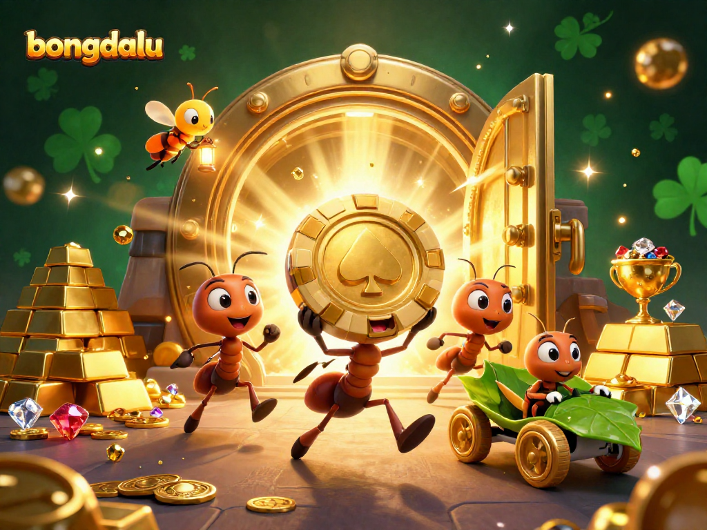 Bongdalu showcases a cartoon heist with ants carrying a giant poker chip amid a rich casino backdrop.