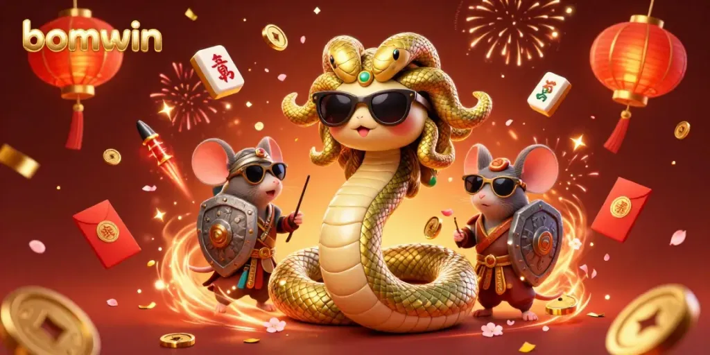 Engage with bomwin where friendly characters celebrate in a vibrant casino-themed illustration.