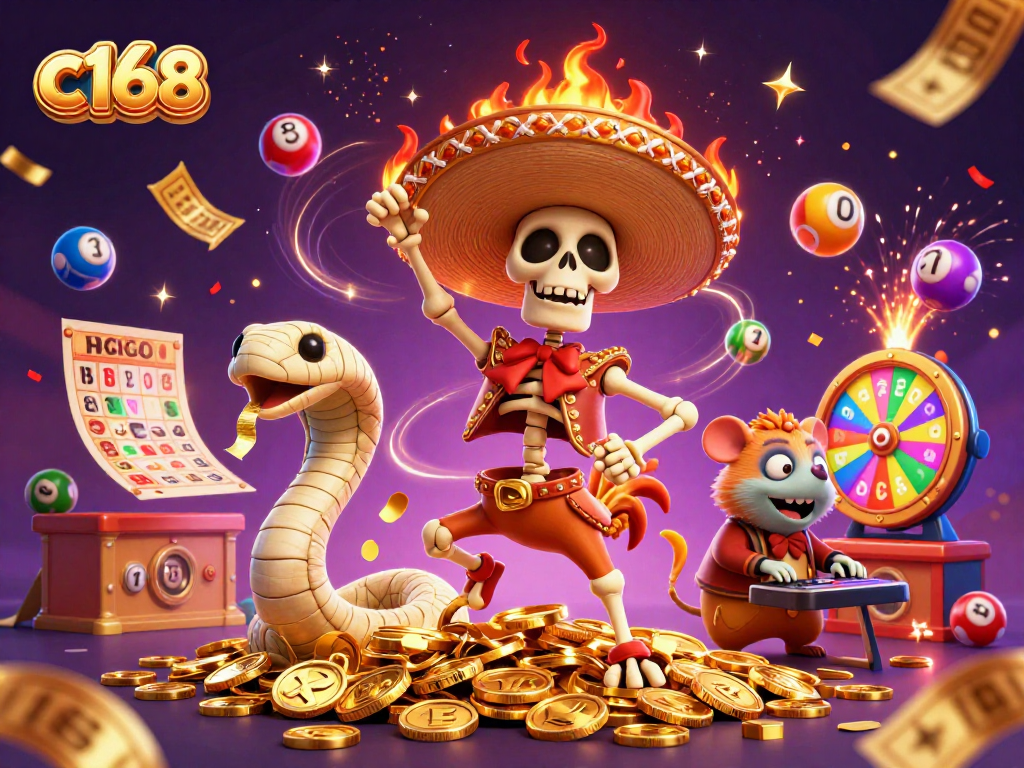 Experience the thrill of winning at c168 with lively characters celebrating in a vibrant casino scene.