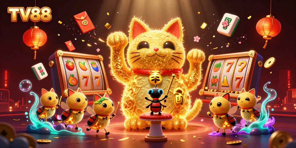 Engage with TV88's vibrant casino world showcasing a golden lucky cat and captivating game elements.