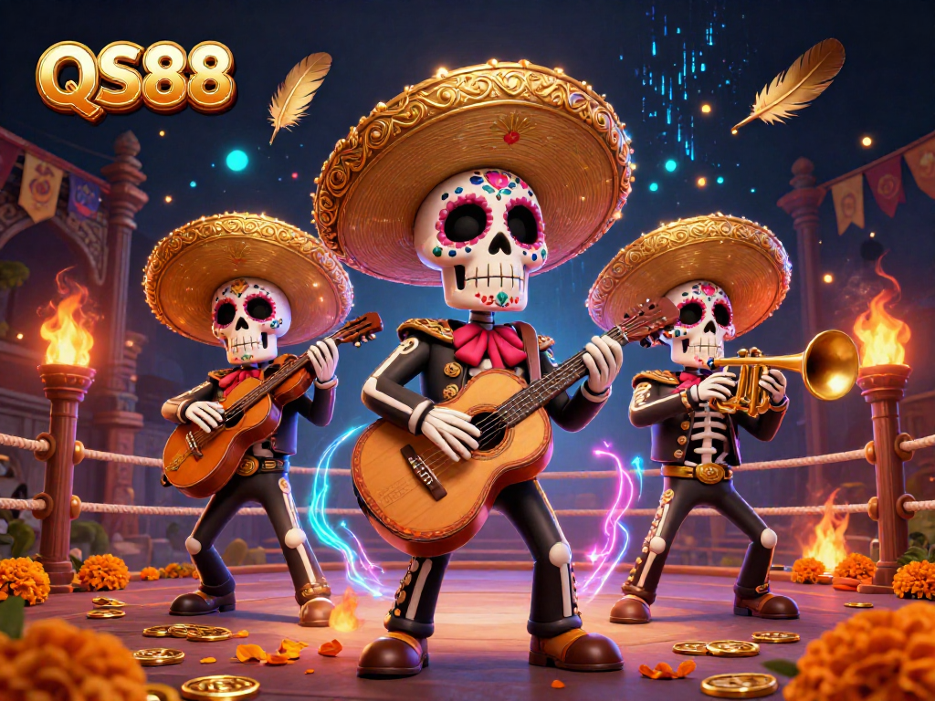 Experience the vibrant QS88 casino scene with a mariachi band amidst dynamic gaming elements.