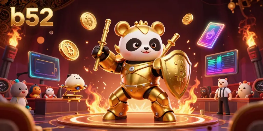 Experience the thrilling b52 casino gameplay with a golden panda piloting a fighting robot in a dynamic 3D arena.