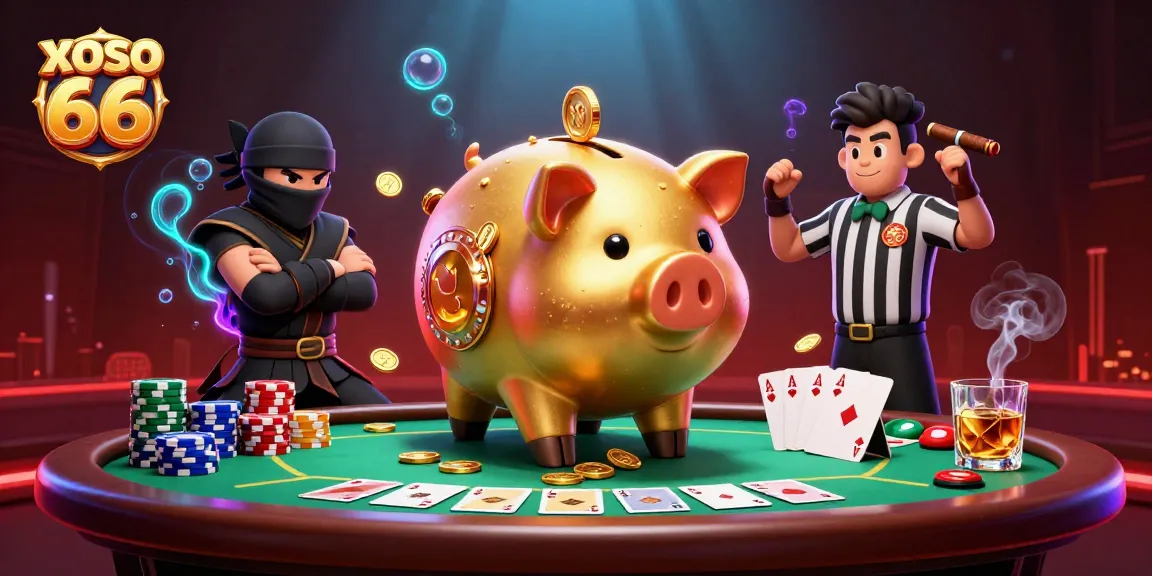 xoso 66 showcases a golden piggy bank sumo wrestler shaking gold coins in a vibrant casino scene.