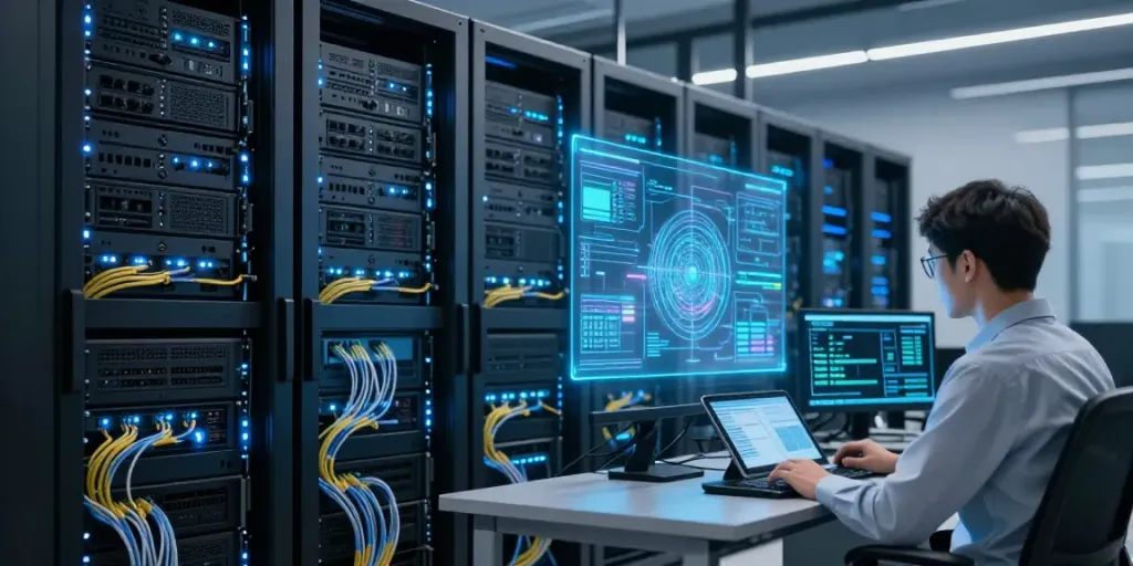 Vulnerability assessment in a modern data center environment showcasing advanced cybersecurity measures and cloud infrastructure.