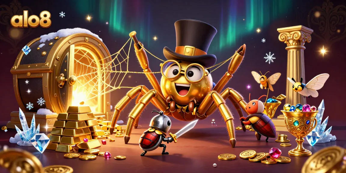 Experience the excitement of alo8 with a golden tarantula and a beetle knight amidst treasures.