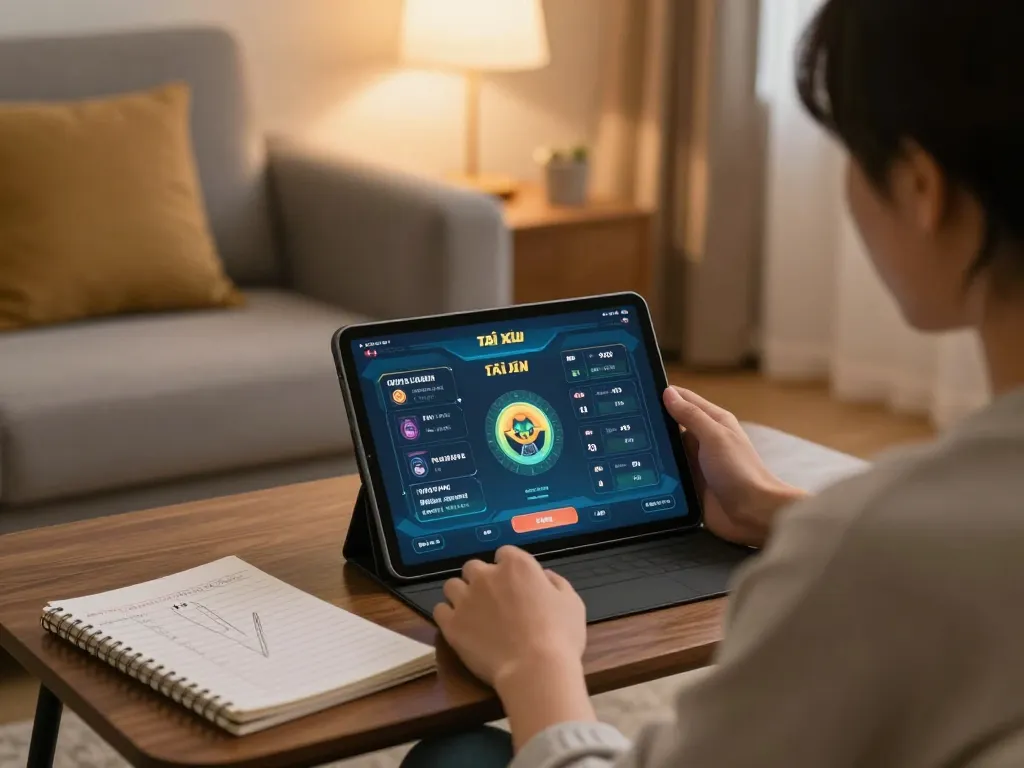 Engaging in tài xỉu online gaming on a tablet in a cozy home setting